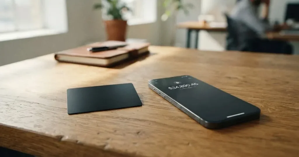 A payment card next to a phone with a crypto wallet app open