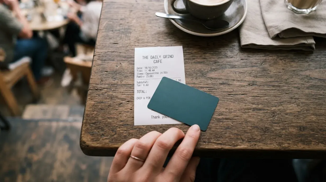 A receipt and a card on a café table