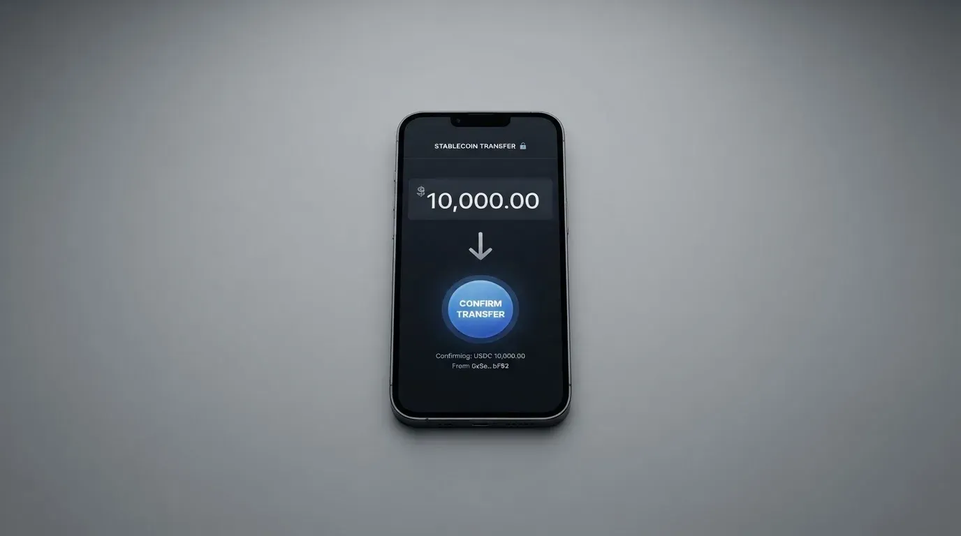 A phone showing a stablecoin transfer screen