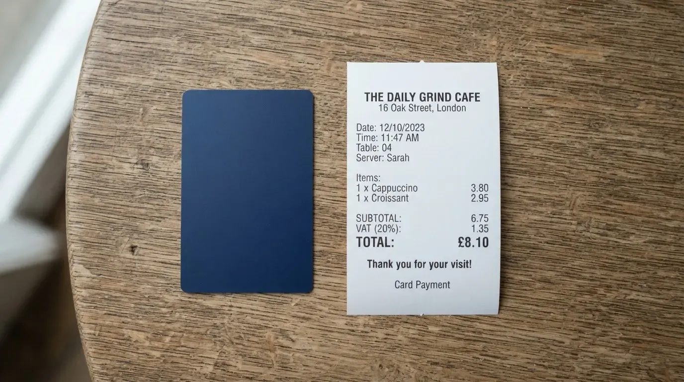 A receipt and a card on a café table