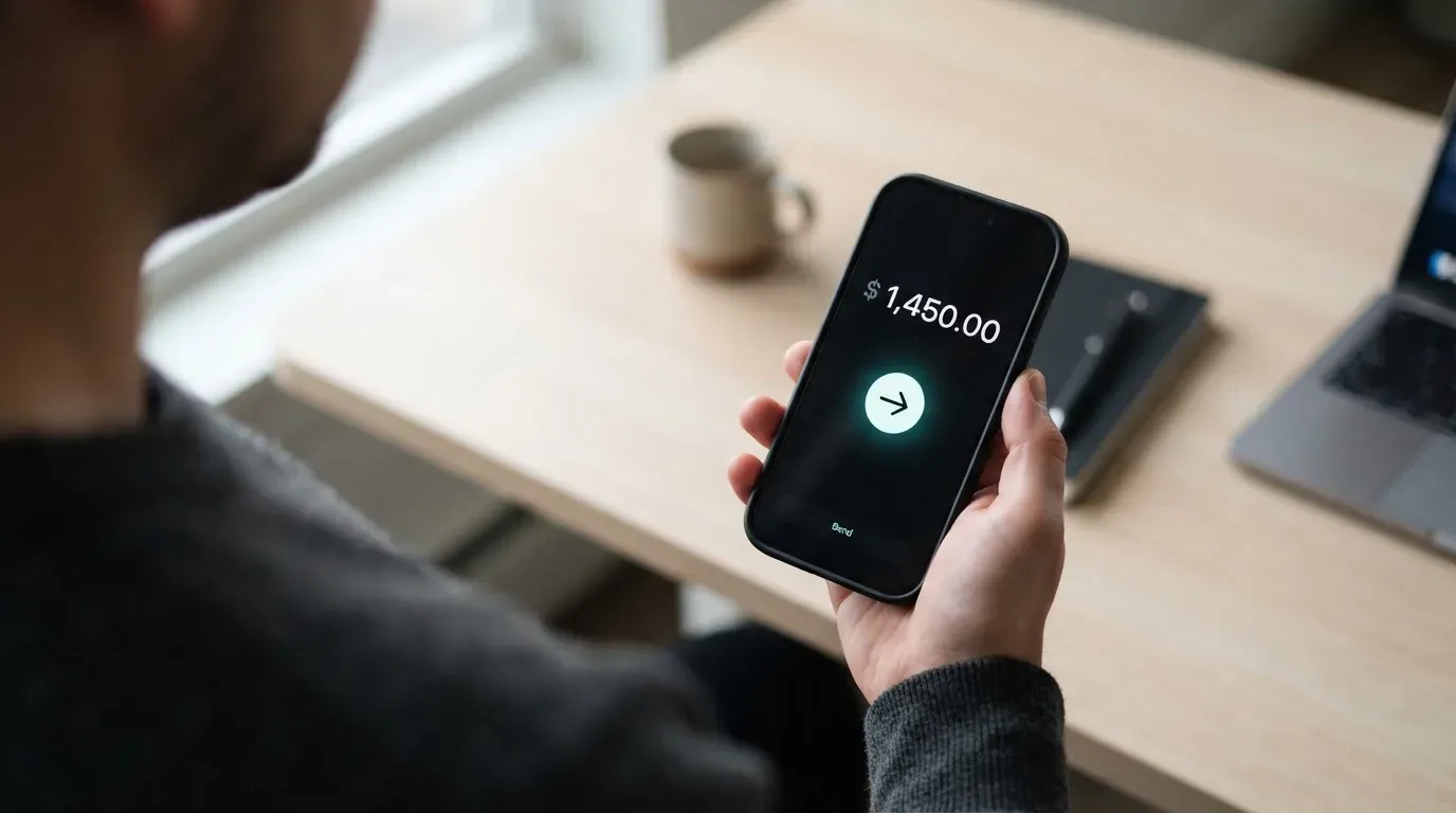 A phone showing a stablecoin transfer screen