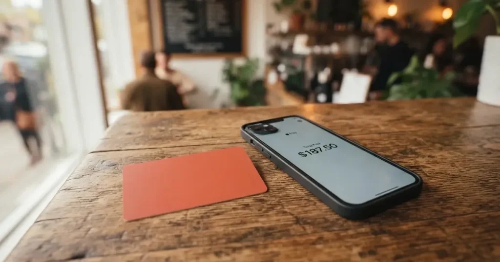 A payment card next to a phone with a crypto wallet app open