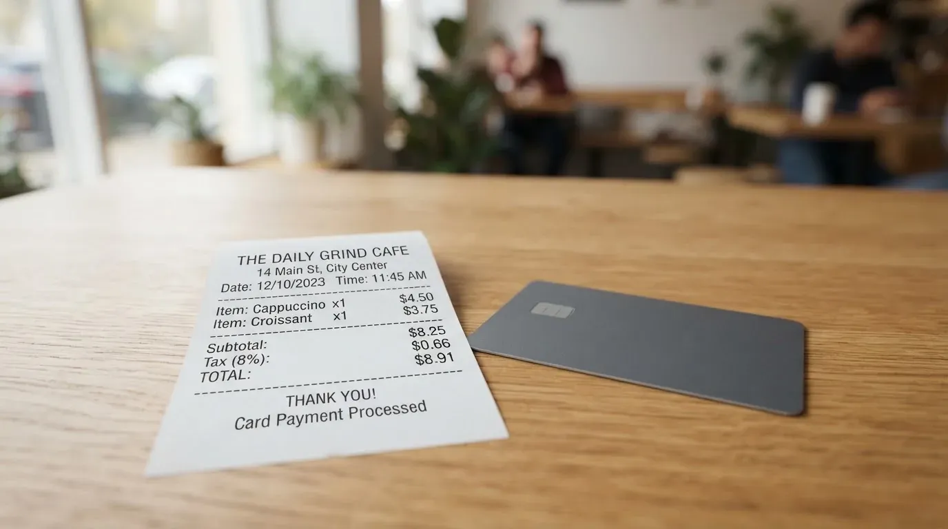 A receipt and a card on a café table
