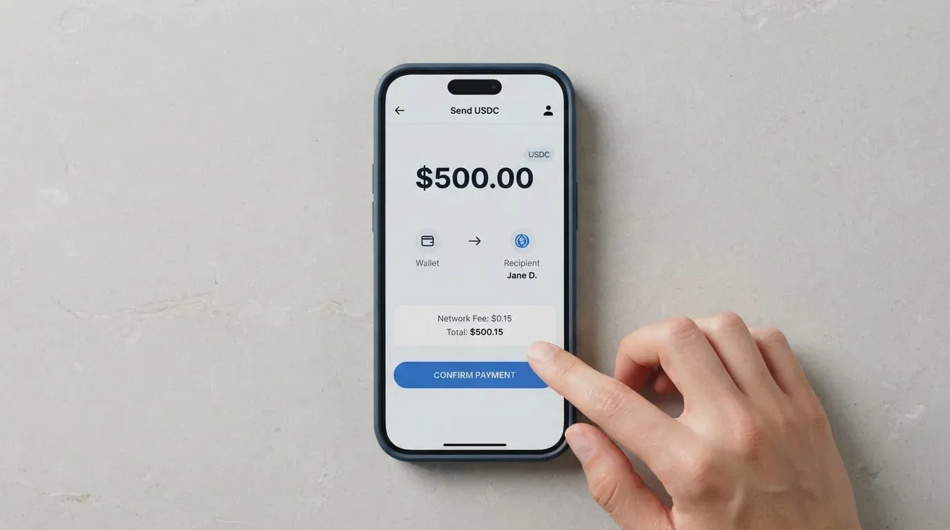 A phone showing a stablecoin transfer screen