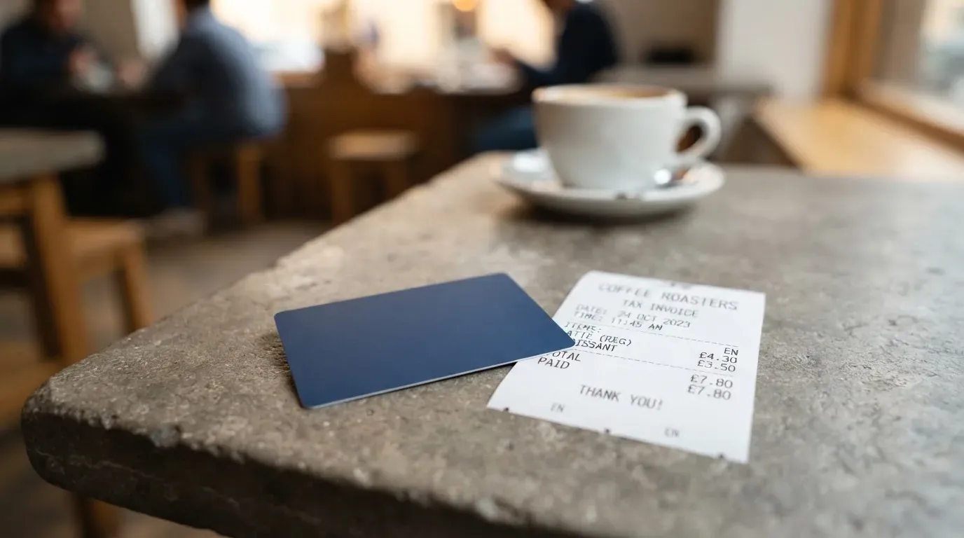A receipt and a card on a café table