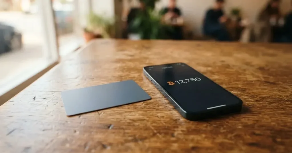 A payment card next to a phone with a crypto wallet app open
