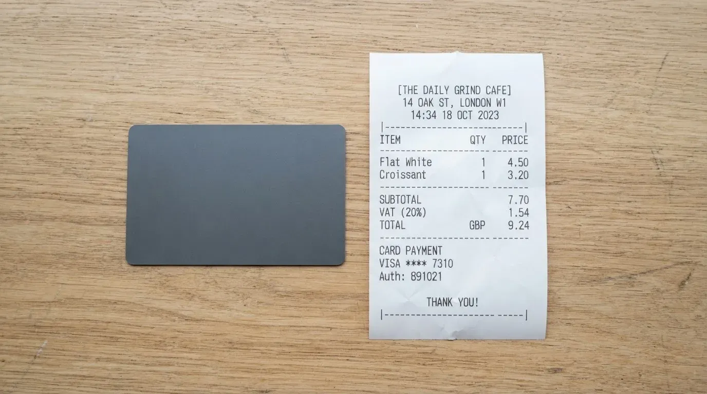 A receipt and a card on a café table