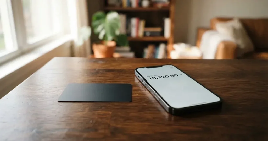 A payment card next to a phone with a crypto wallet app open