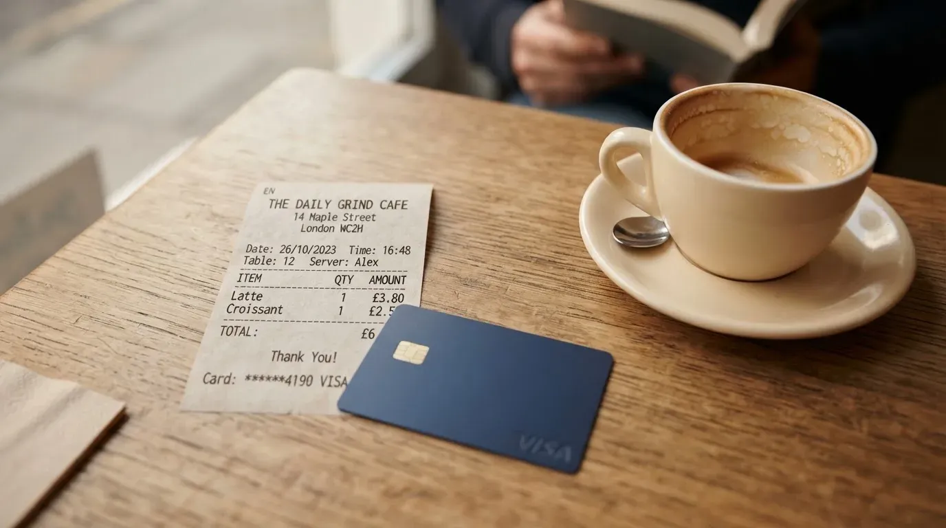 A receipt and a card on a café table