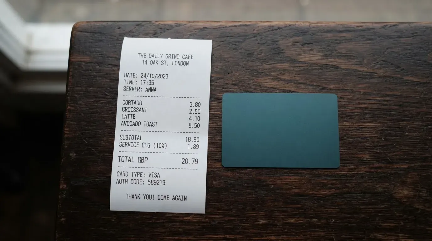 A receipt and a card on a café table