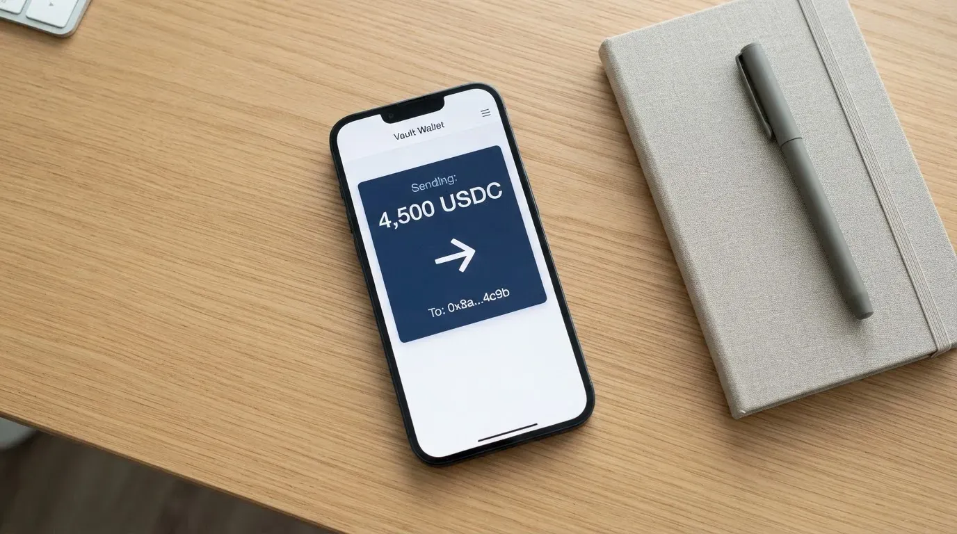 A phone showing a stablecoin transfer screen