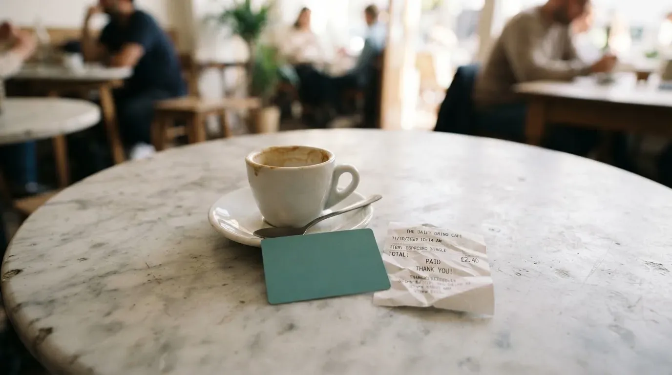A receipt and a card on a café table