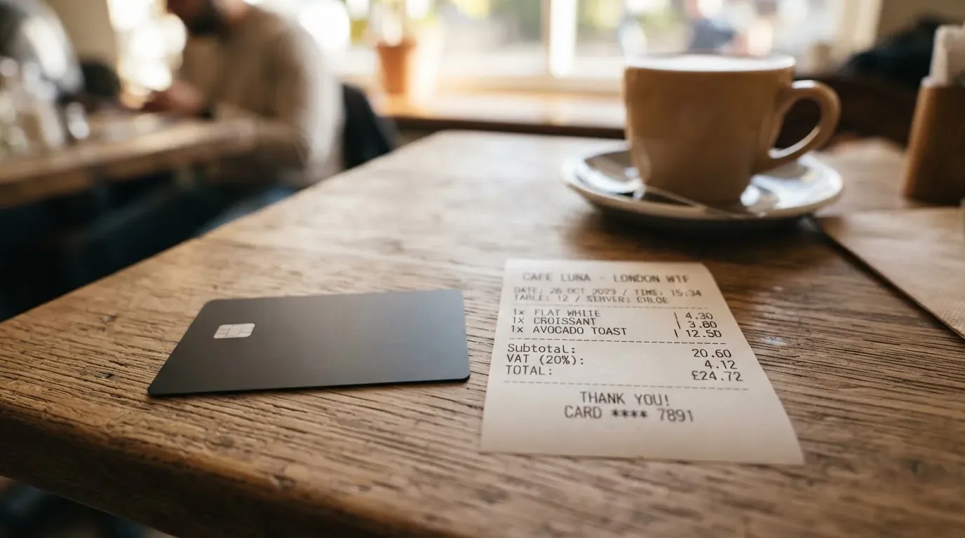 A receipt and a card on a café table