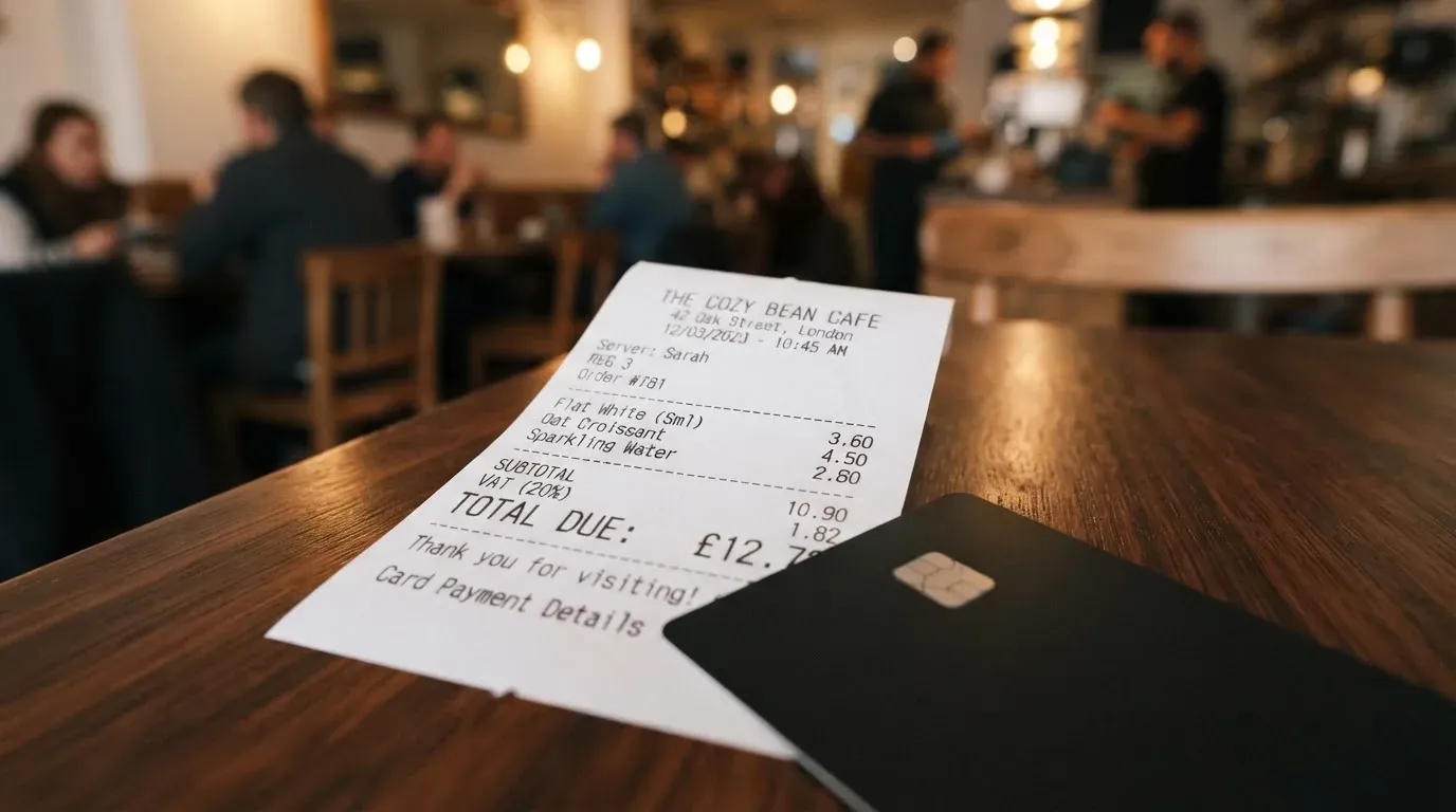 A receipt and a card on a café table