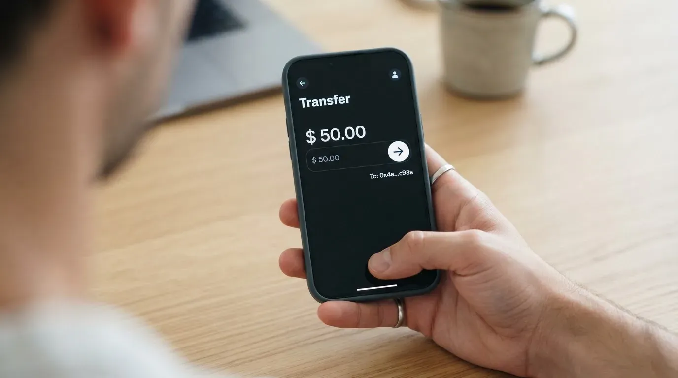 A phone showing a stablecoin transfer screen