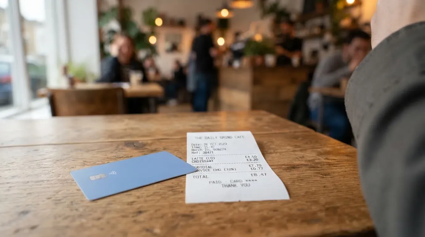 A receipt and a card on a café table