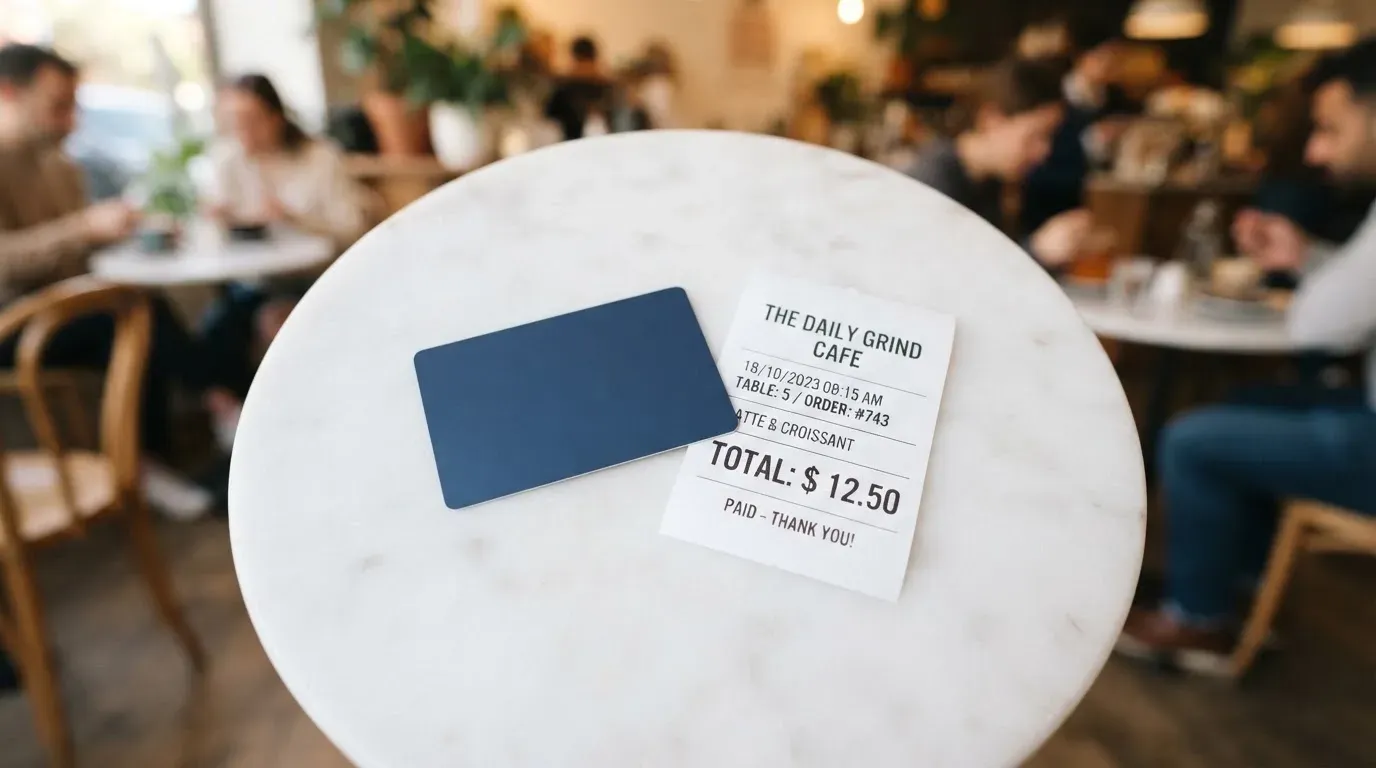 A receipt and a card on a café table