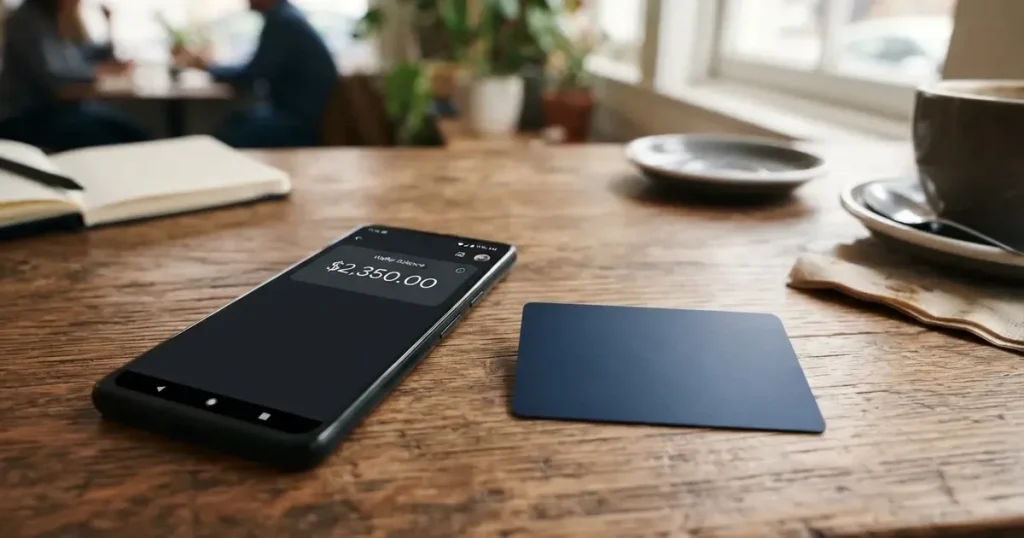 A payment card next to a phone with a crypto wallet app open