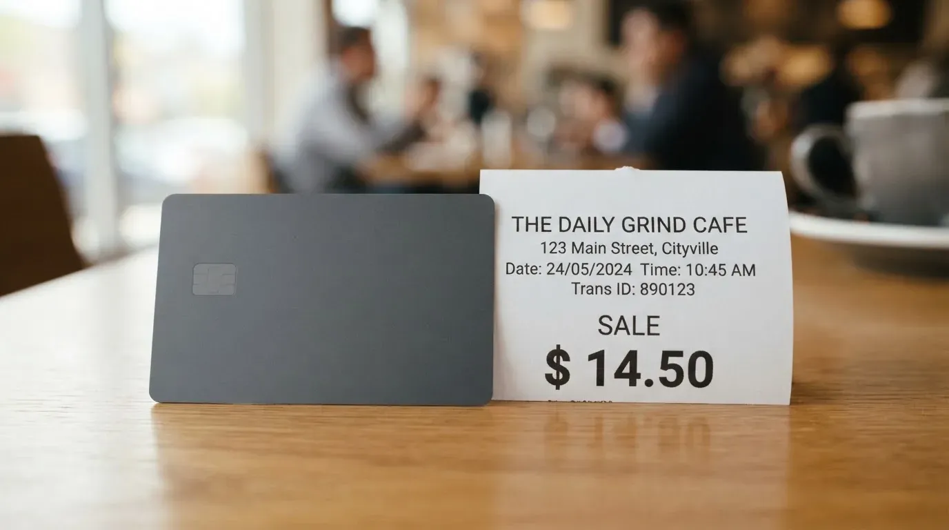 A receipt and a card on a café table