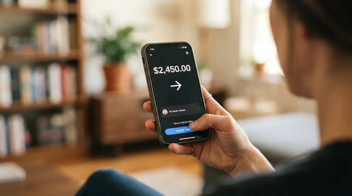 A phone showing a stablecoin transfer screen