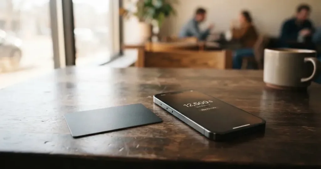 A payment card next to a phone with a crypto wallet app open