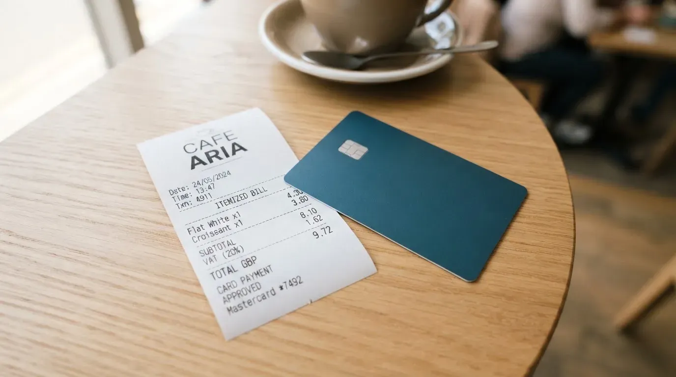 A receipt and a card on a café table