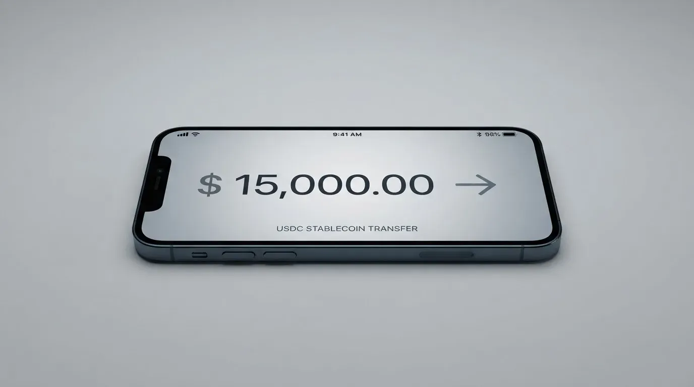 A phone showing a stablecoin transfer screen