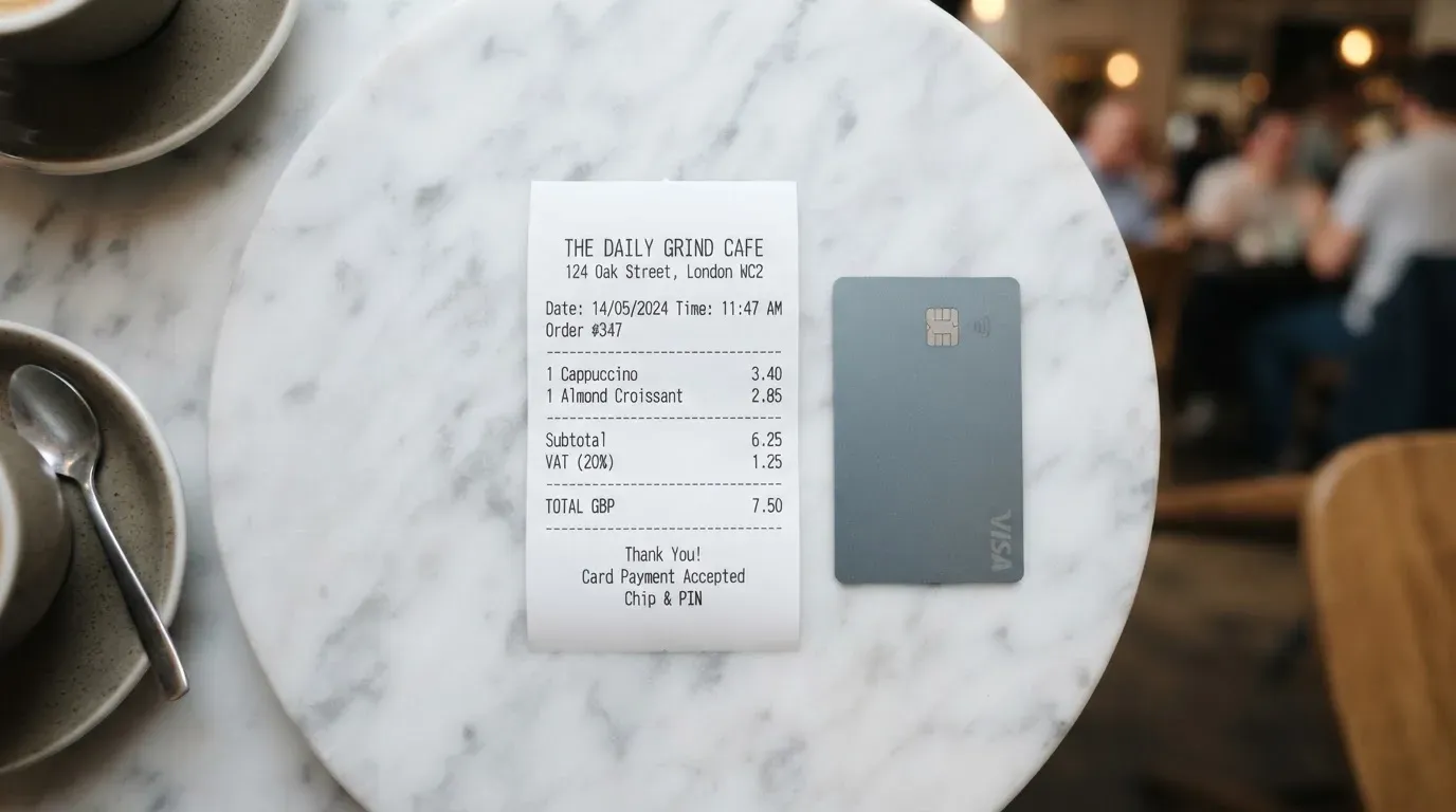 A receipt and a card on a café table