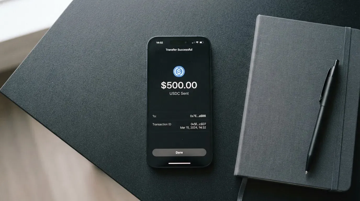 A phone showing a stablecoin transfer screen