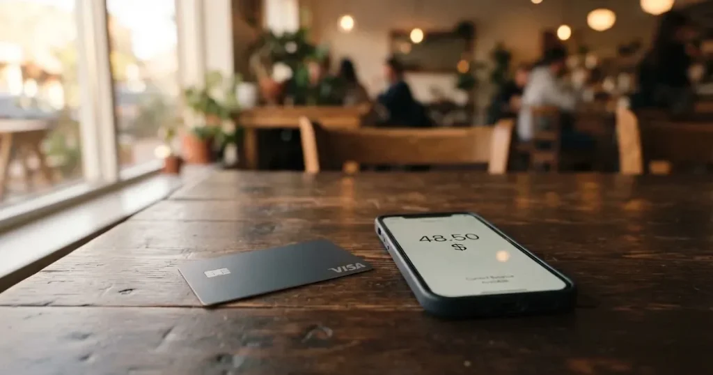A payment card next to a phone with a crypto wallet app open