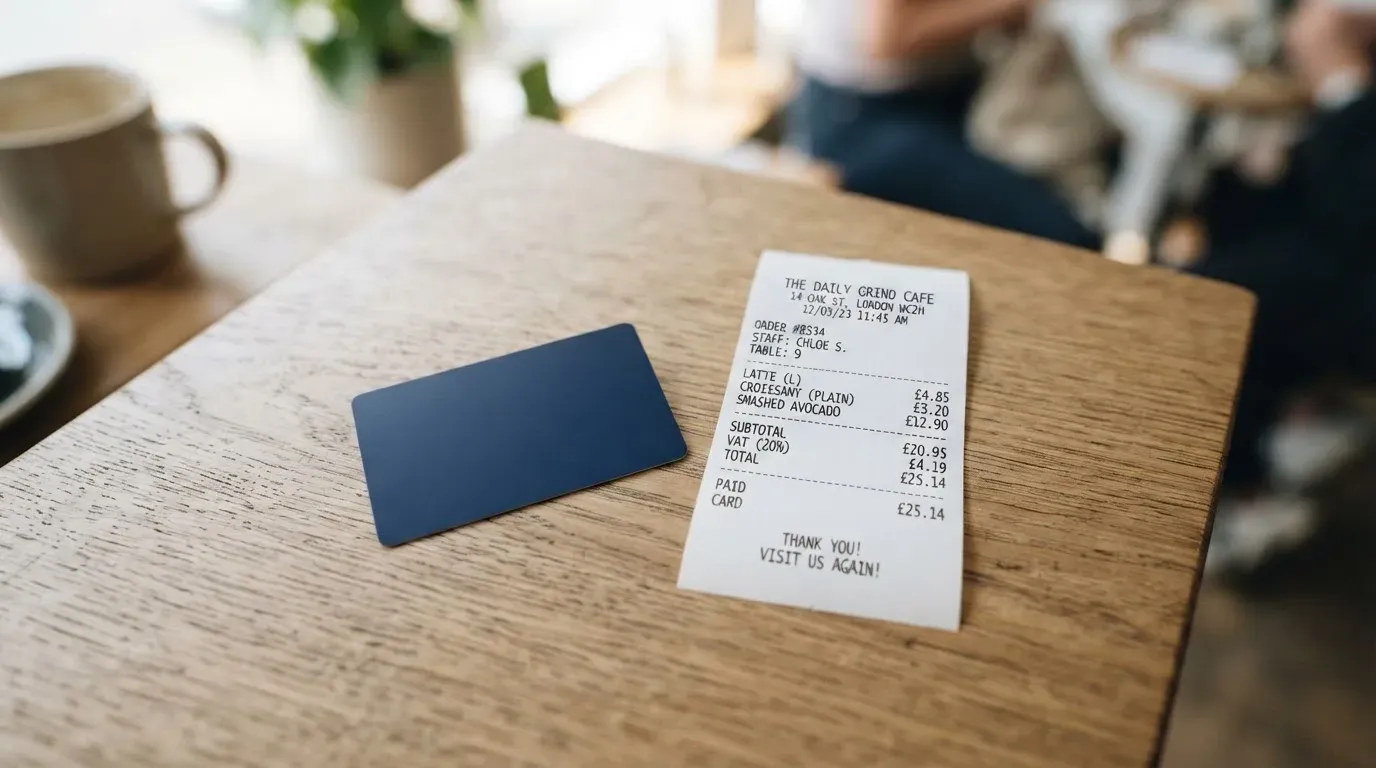 A receipt and a card on a café table