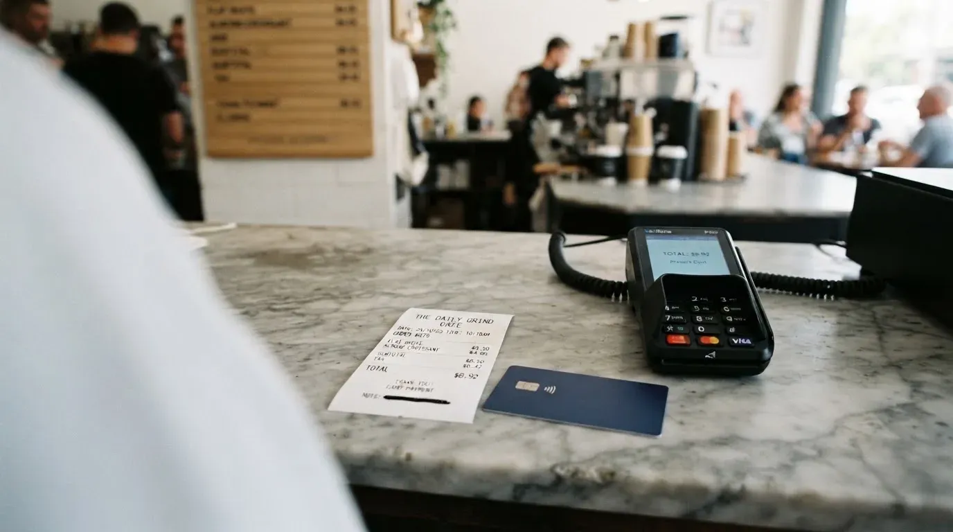 A receipt and a card on a café table
