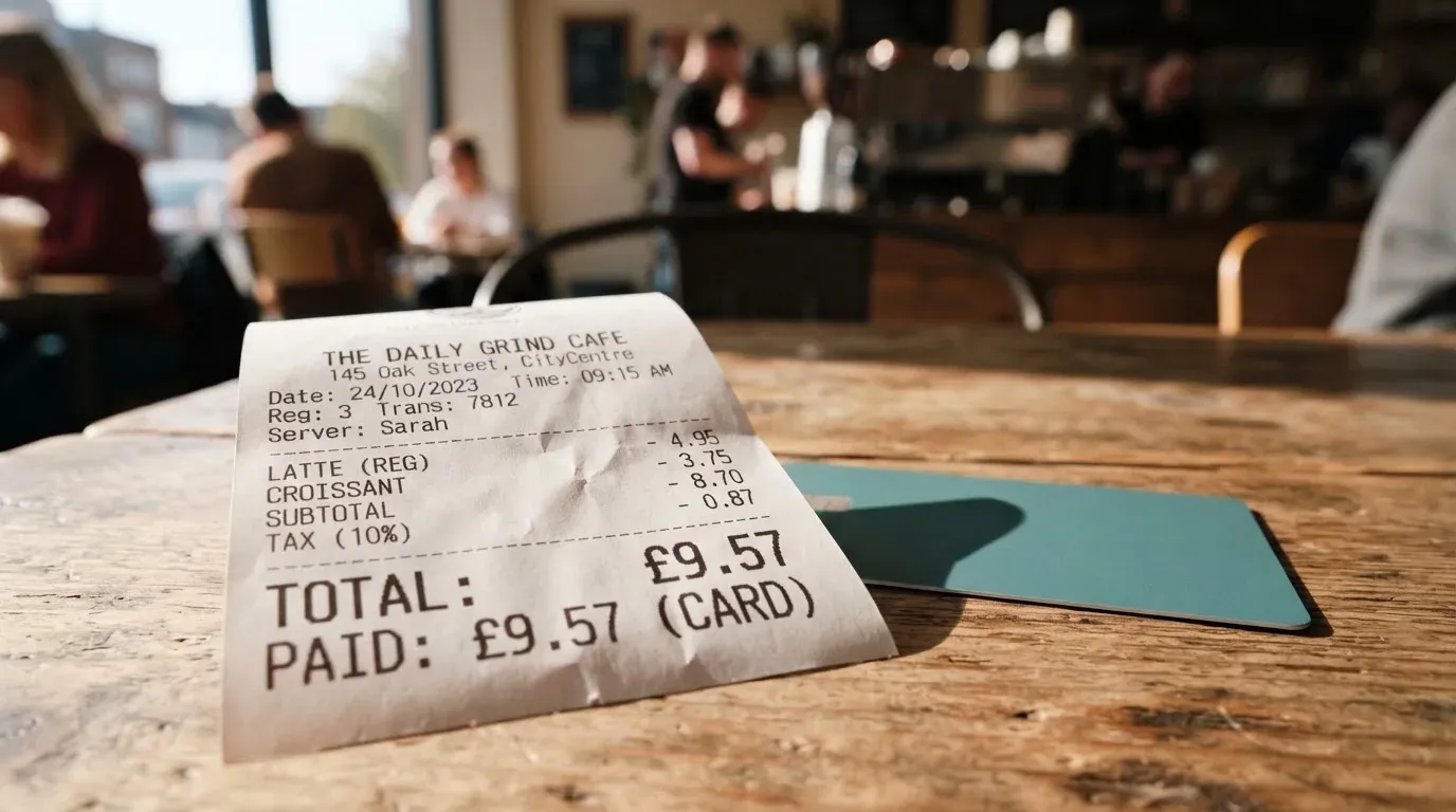 A receipt and a card on a café table