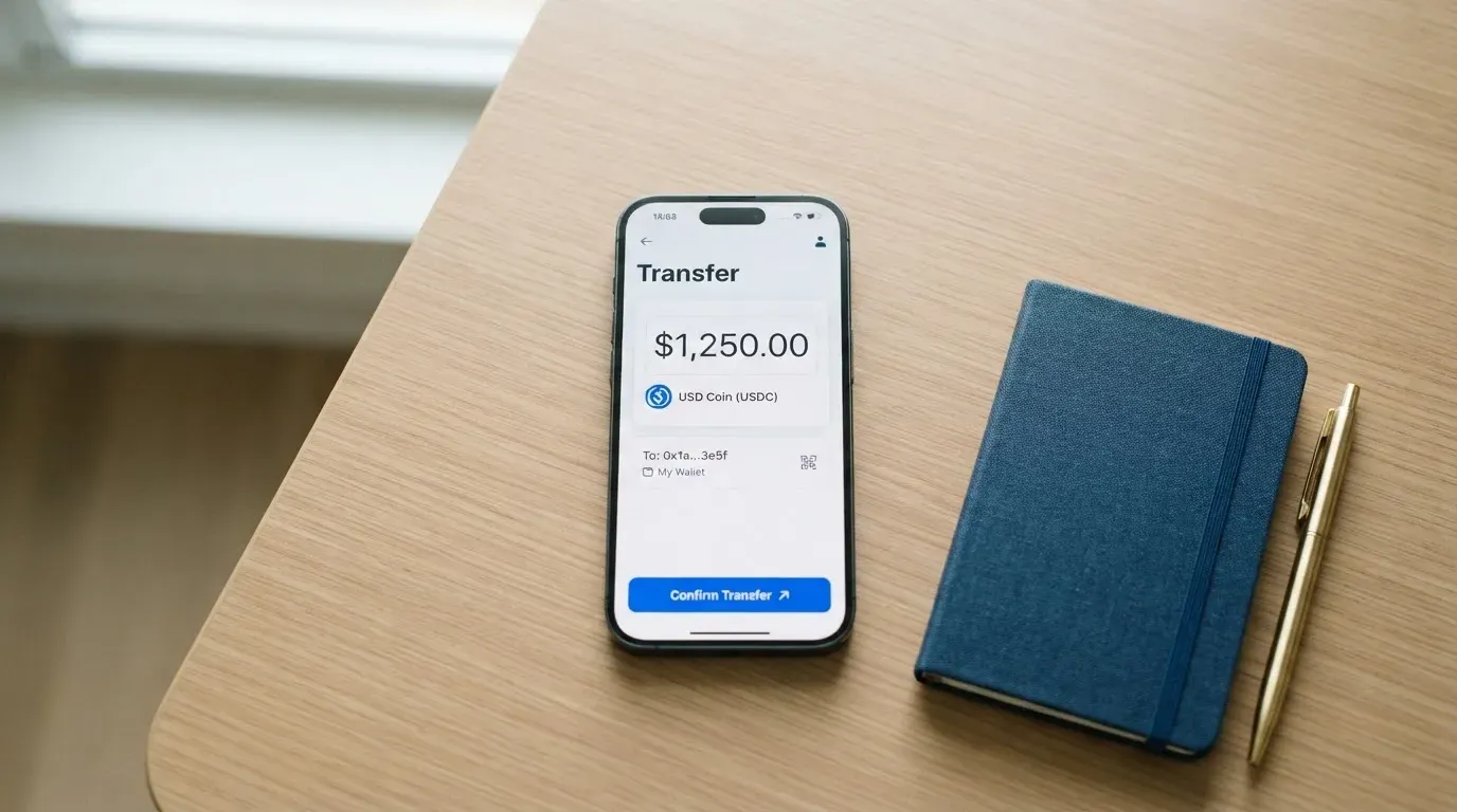 A phone showing a stablecoin transfer screen