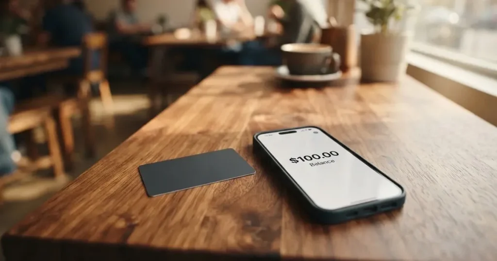 A payment card next to a phone with a crypto wallet app open