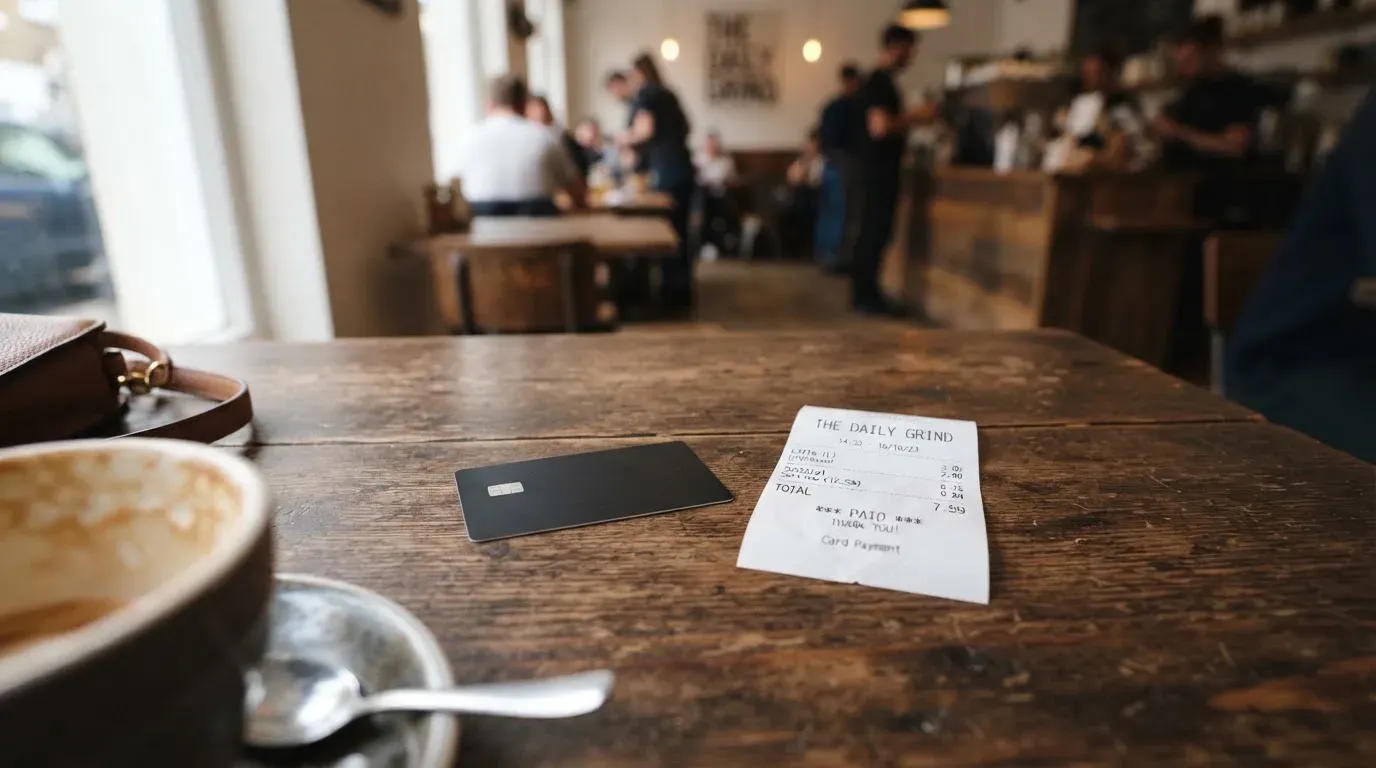 A receipt and a card on a café table