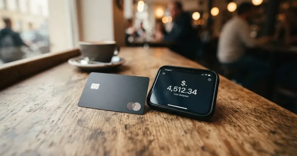 A payment card next to a phone with a crypto wallet app open