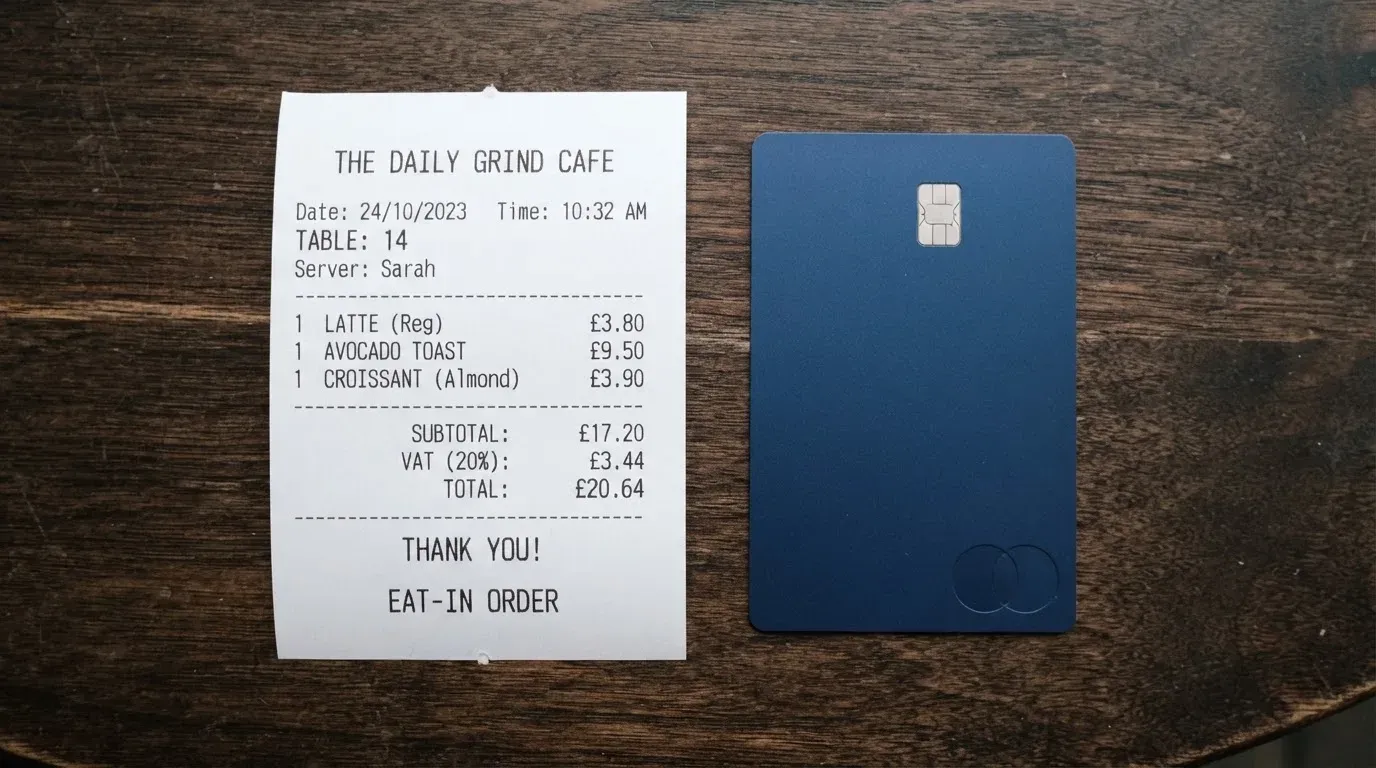 A receipt and a card on a café table