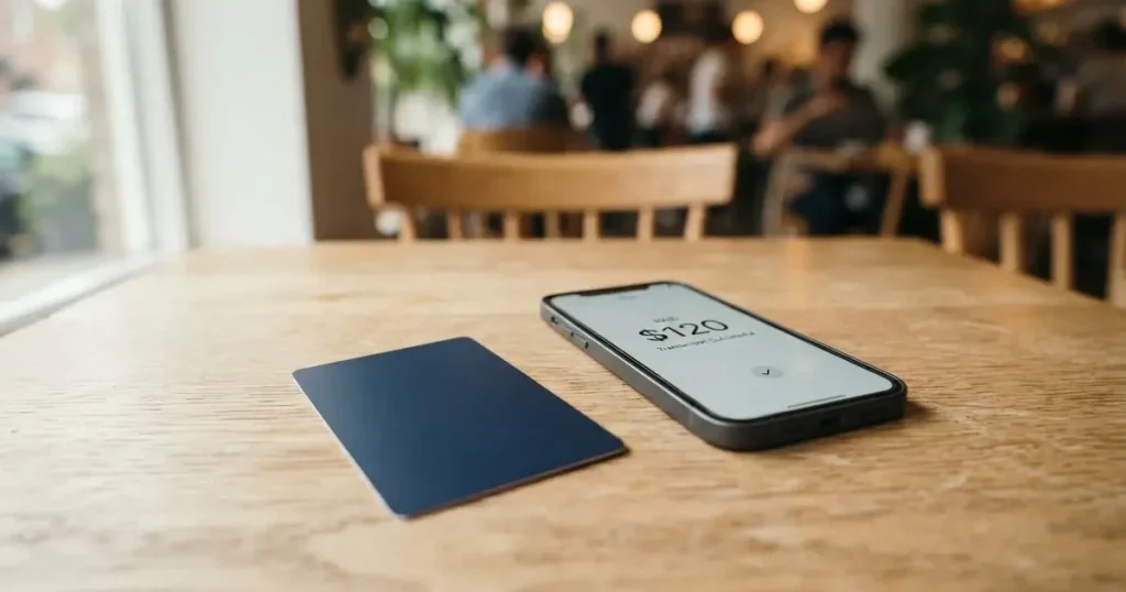 A payment card next to a phone with a crypto wallet app open