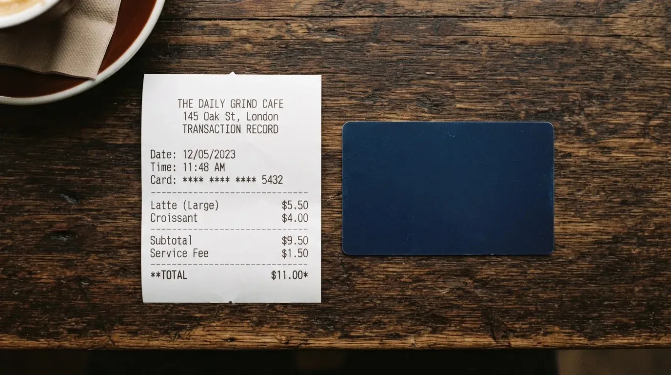 A receipt and a card on a café table