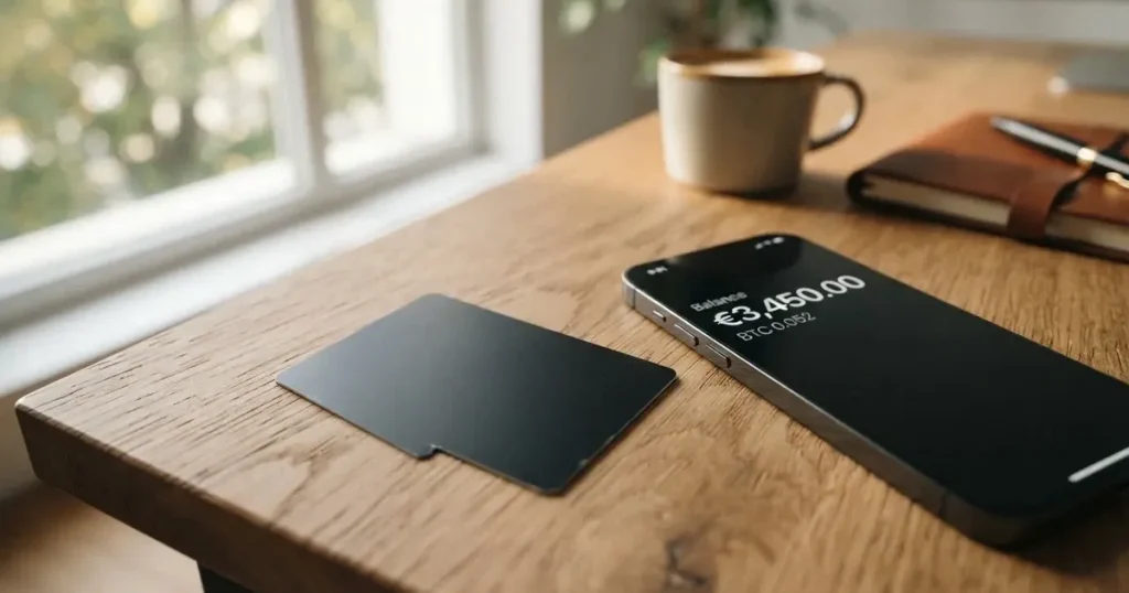A payment card next to a phone with a crypto wallet app open
