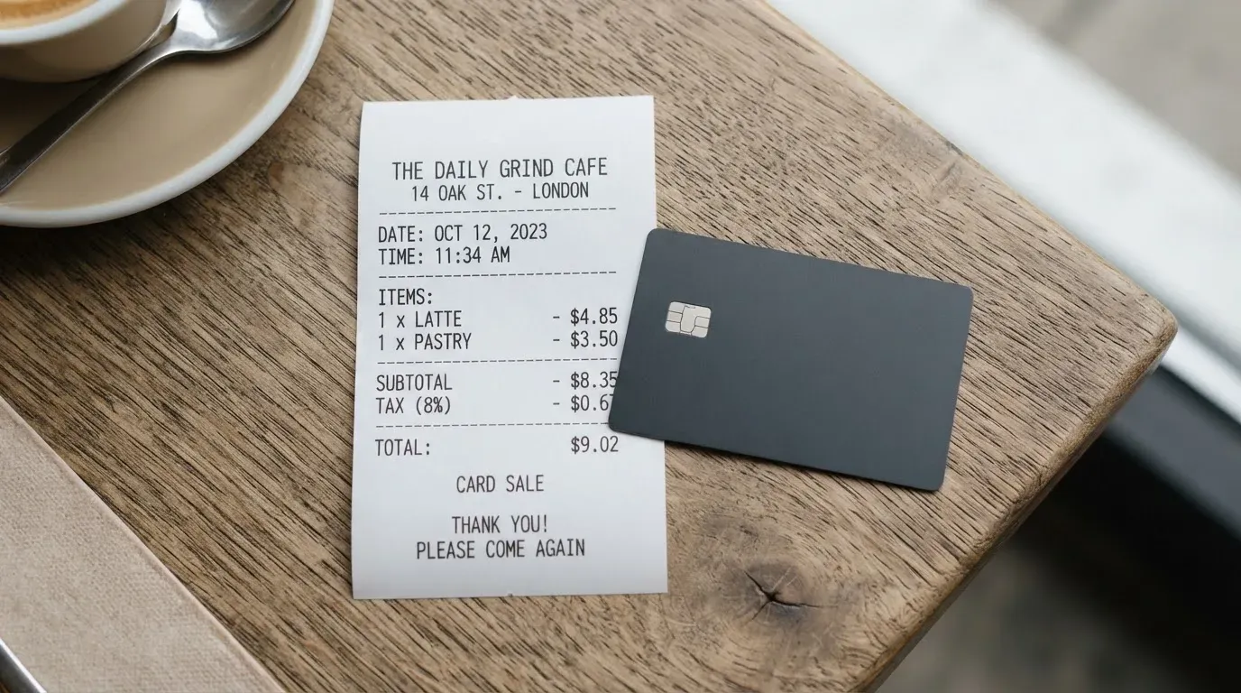 A receipt and a card on a café table