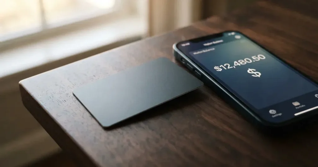 A payment card next to a phone with a crypto wallet app open