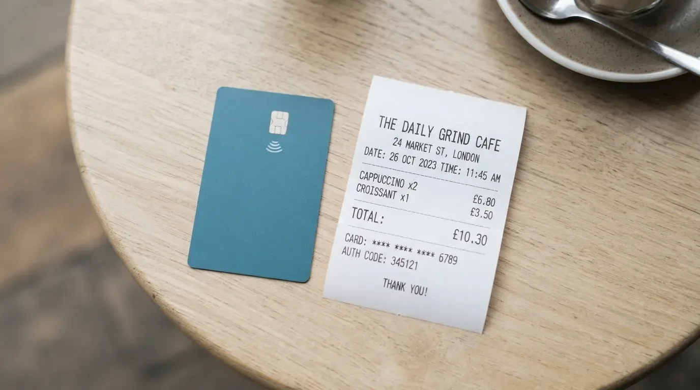 A receipt and a card on a café table