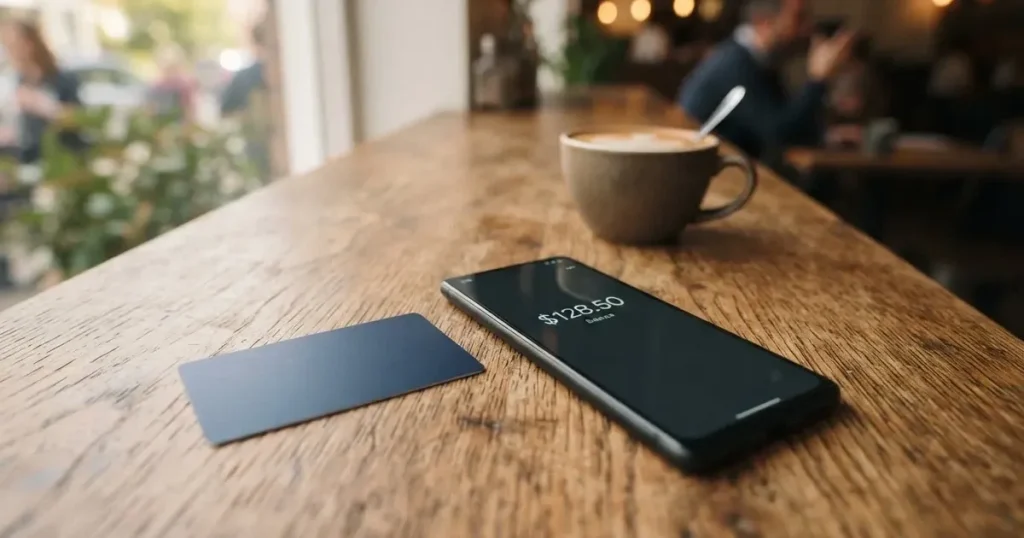 A payment card next to a phone with a crypto wallet app open