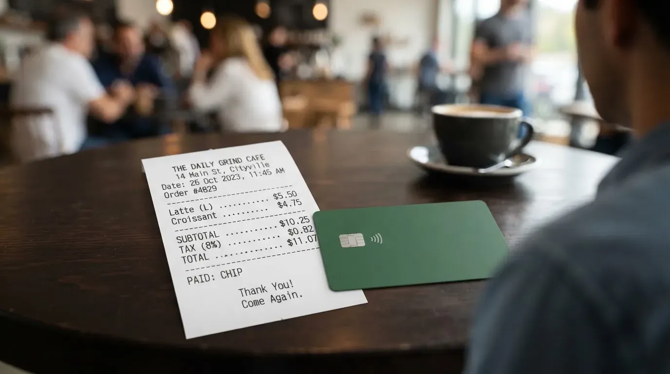 A receipt and a card on a café table