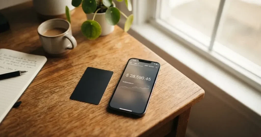 A payment card next to a phone with a crypto wallet app open