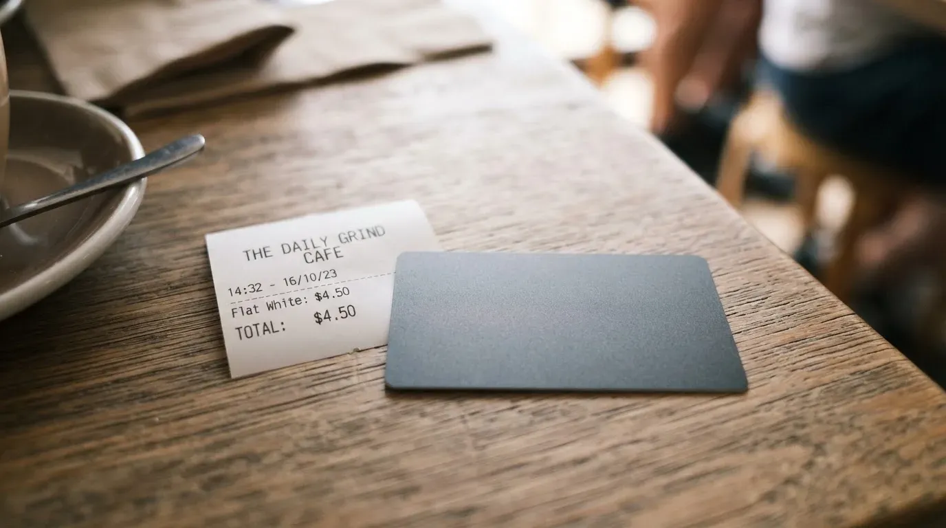 A receipt and a card on a café table