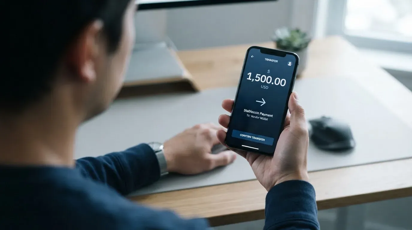 A phone showing a stablecoin transfer screen