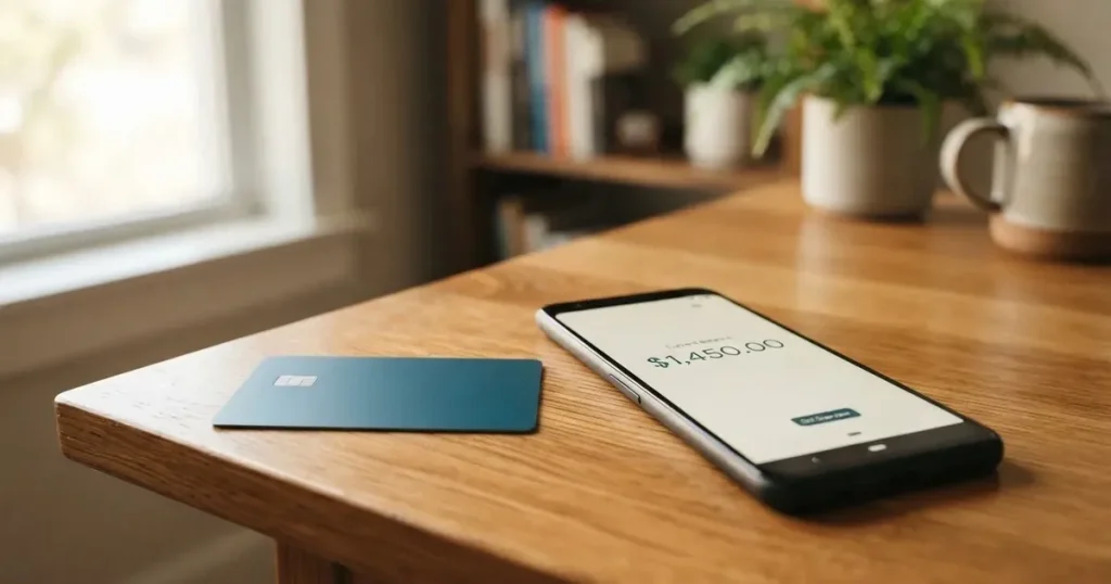 A payment card next to a phone with a crypto wallet app open